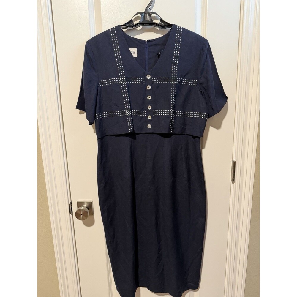 Vintage 1997 Plaza South Navy Dress Sz 12 Sashiko Style Stitching Midi